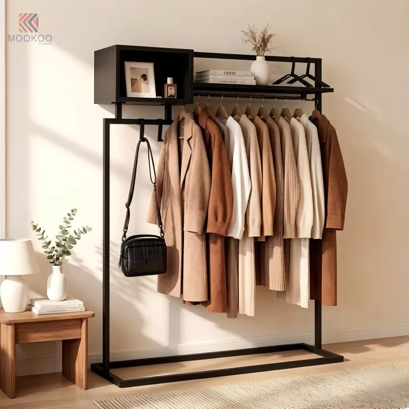 Black Metal Customized Varnish Coat Rack Storage Shelf Side Hooks Free Standing Garment Rack Heavy Duty Clothing Display Stand