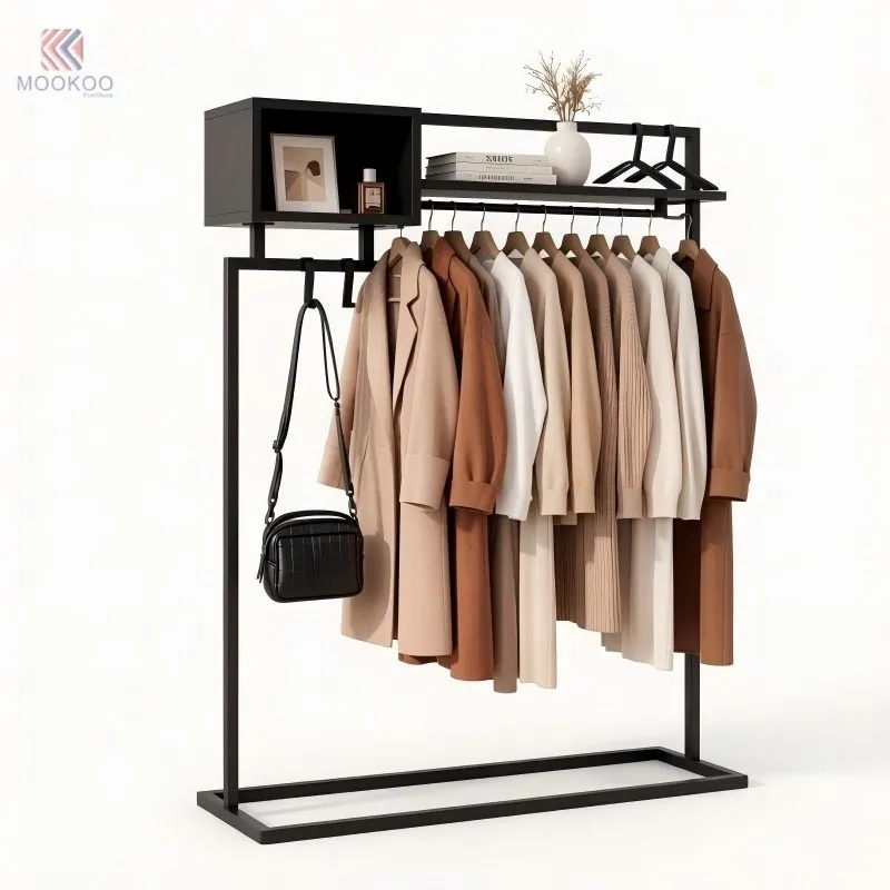 Black Metal Customized Varnish Coat Rack Storage Shelf Side Hooks Free Standing Garment Rack Heavy Duty Clothing Display Stand suppliers