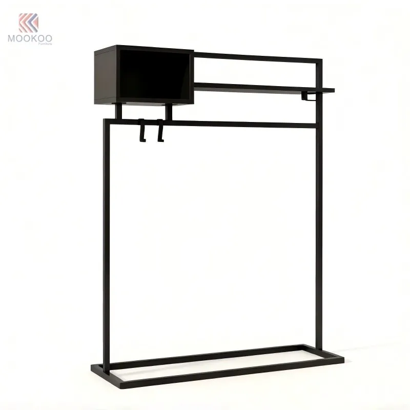 Black Metal Customized Varnish Coat Rack Storage Shelf Side Hooks Free Standing Garment Rack Heavy Duty Clothing Display Stand price