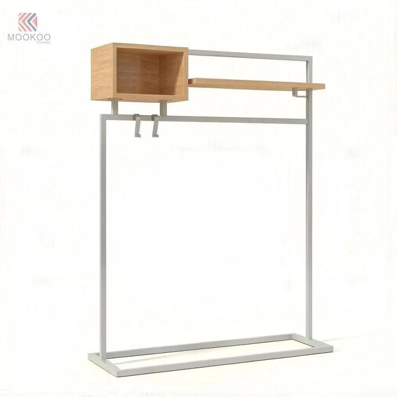 Black Metal Customized Varnish Coat Rack Storage Shelf Side Hooks Free Standing Garment Rack Heavy Duty Clothing Display Stand factory