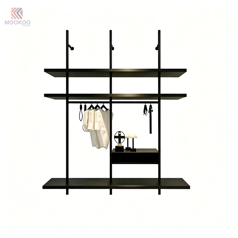 Black Metal Rotating Varnish Garment Display Rack Grid Wall Panel Shelving Unit Hanging Rod Retail Shop Display Fixture Side