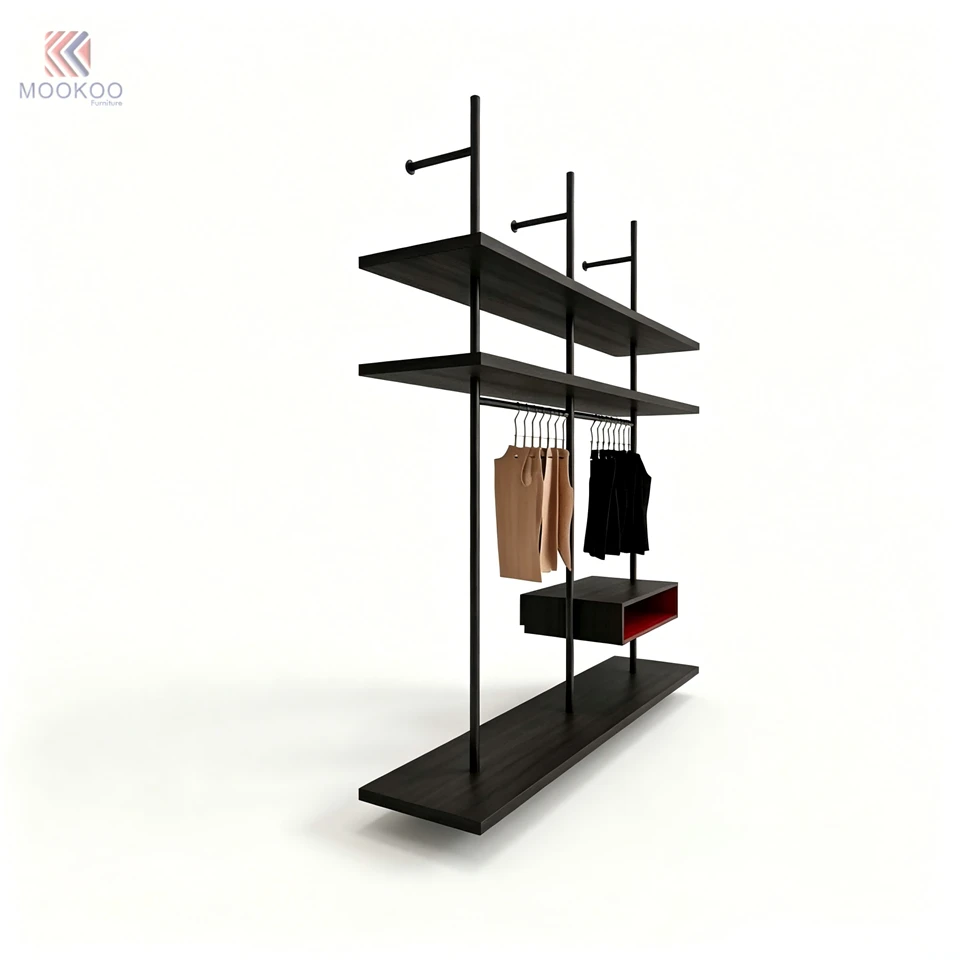 Black Metal Rotating Varnish Garment Display Rack Grid Wall Panel Shelving Unit Hanging Rod Retail Shop Display Fixture Side high quality