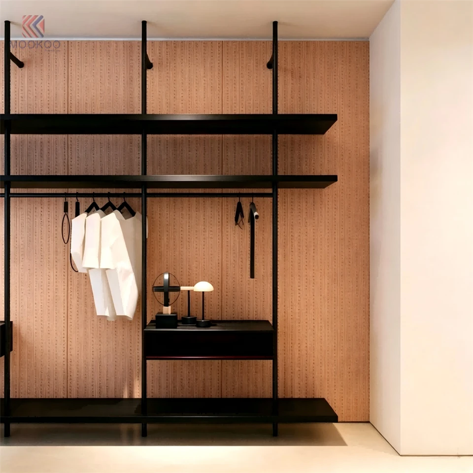 Black Metal Rotating Varnish Garment Display Rack Grid Wall Panel Shelving Unit Hanging Rod Retail Shop Display Fixture Side best