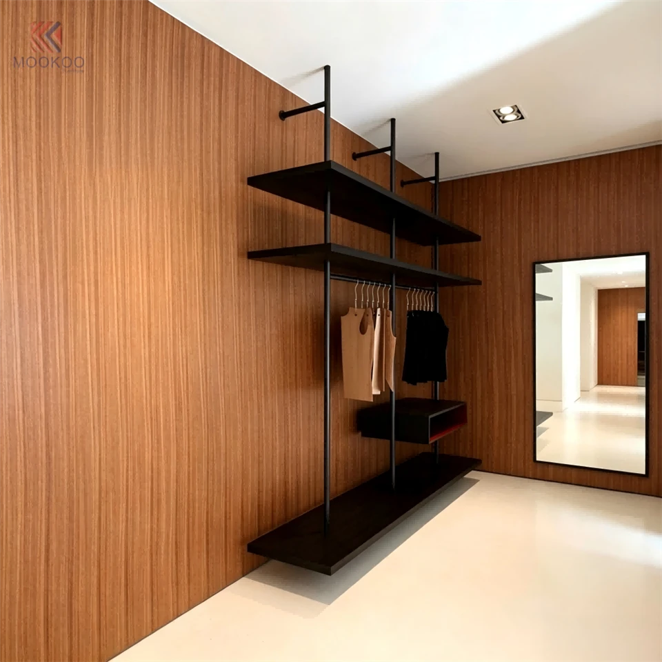 Black Metal Rotating Varnish Garment Display Rack Grid Wall Panel Shelving Unit Hanging Rod Retail Shop Display Fixture Side factory