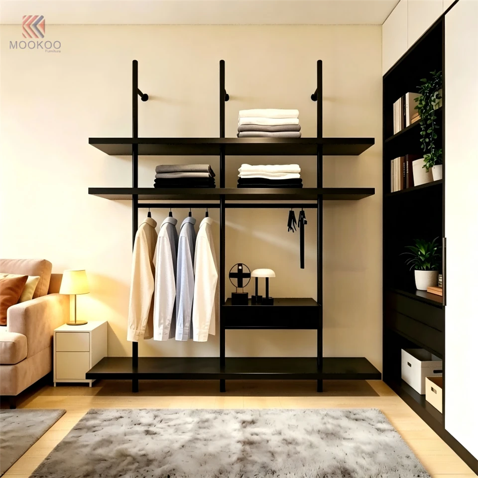 Black Metal Rotating Varnish Garment Display Rack Grid Wall Panel Shelving Unit Hanging Rod Retail Shop Display Fixture Side suppliers