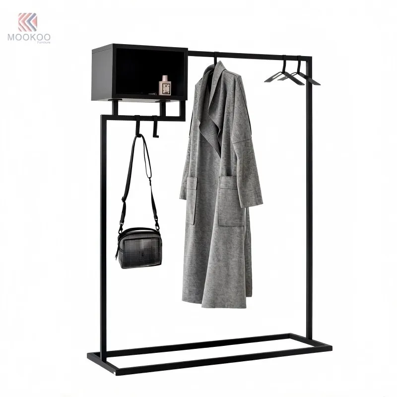 Black Varnish Metal Coat Rack Storage Shelf Side Hooks Free Standing Garment Rack Heavy Duty Clothing Display Stand Modern high quality
