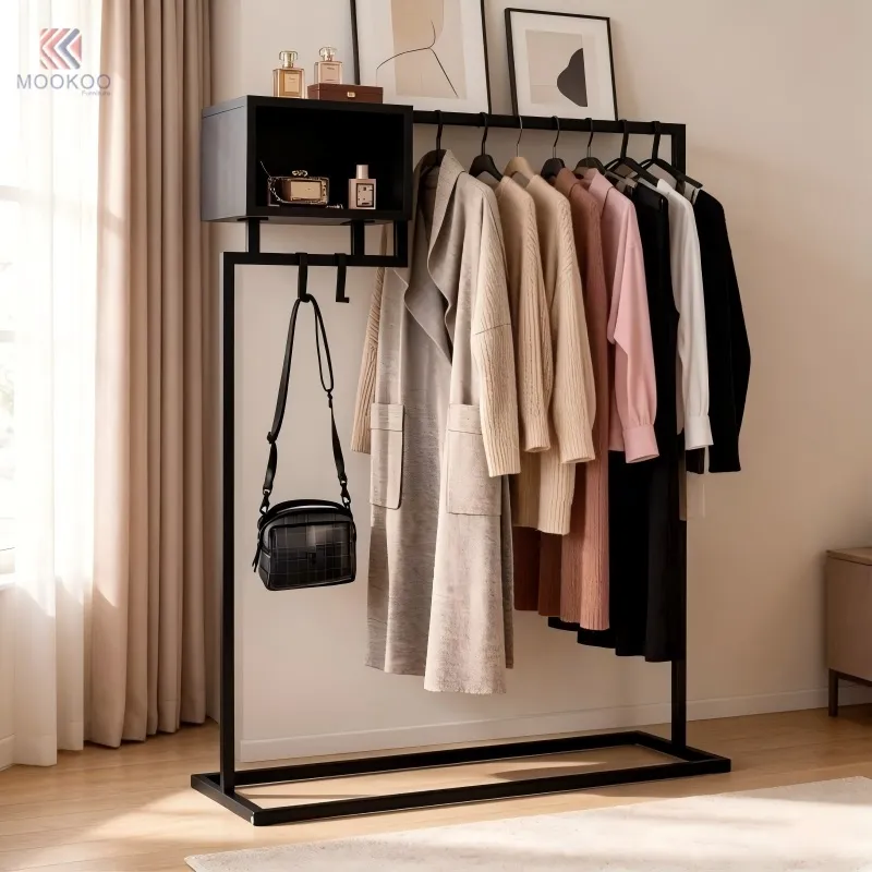 Black Varnish Metal Coat Rack Storage Shelf Side Hooks Free Standing Garment Rack Heavy Duty Clothing Display Stand Modern
