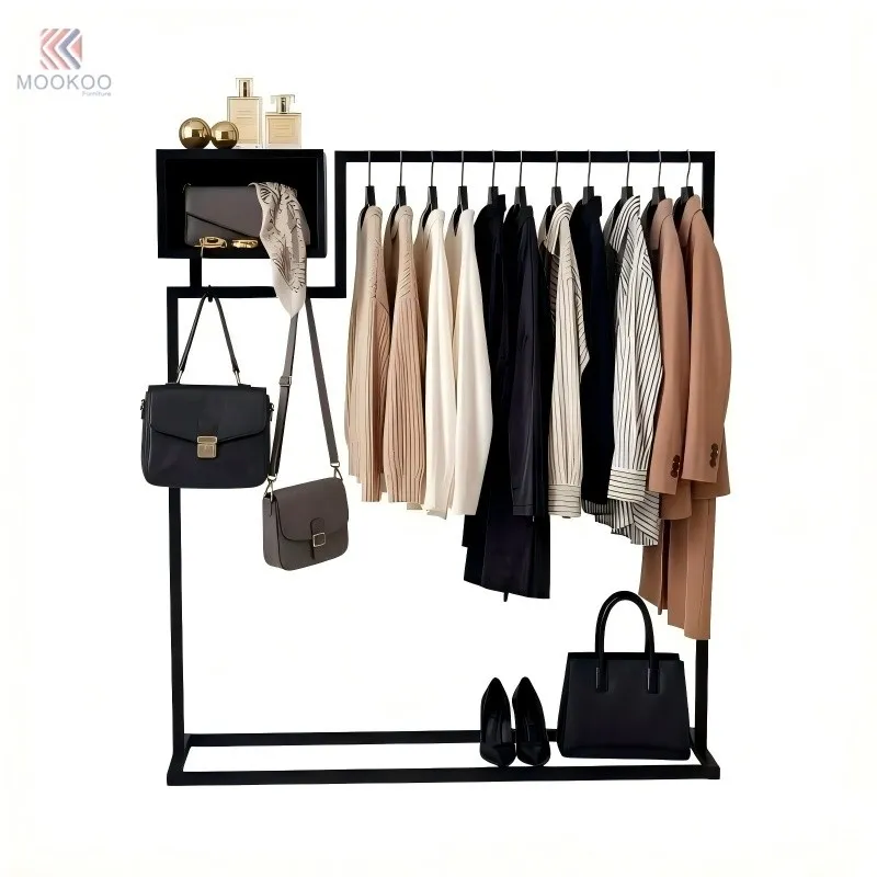 Black Varnish Metal Coat Rack Storage Shelf Side Hooks Free Standing Garment Rack Heavy Duty Clothing Display Stand Modern factory