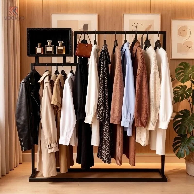 Black Varnish Metal Coat Rack Storage Shelf Side Hooks Free Standing Garment Rack Heavy Duty Clothing Display Stand Modern suppliers