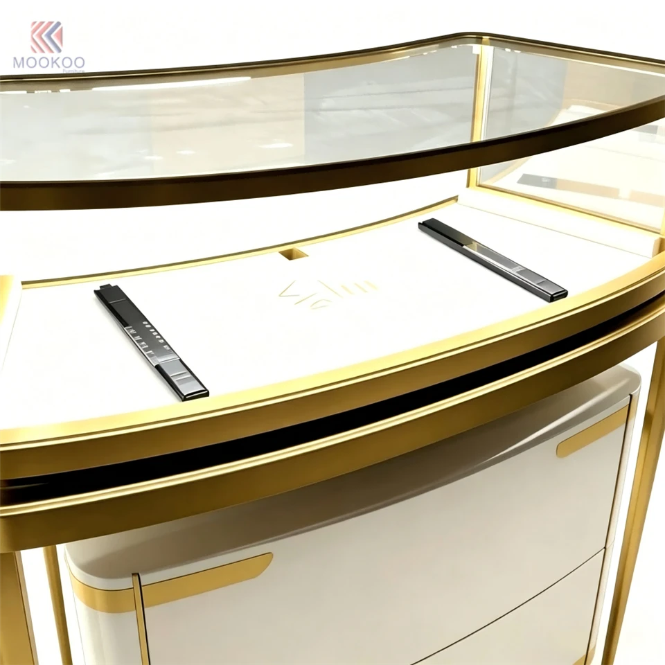 Commercial Curved Glass Jewelry Display Cabinet | Single Layer Arc Corner For LED Light | White Gold Metal Retail Counter high quality