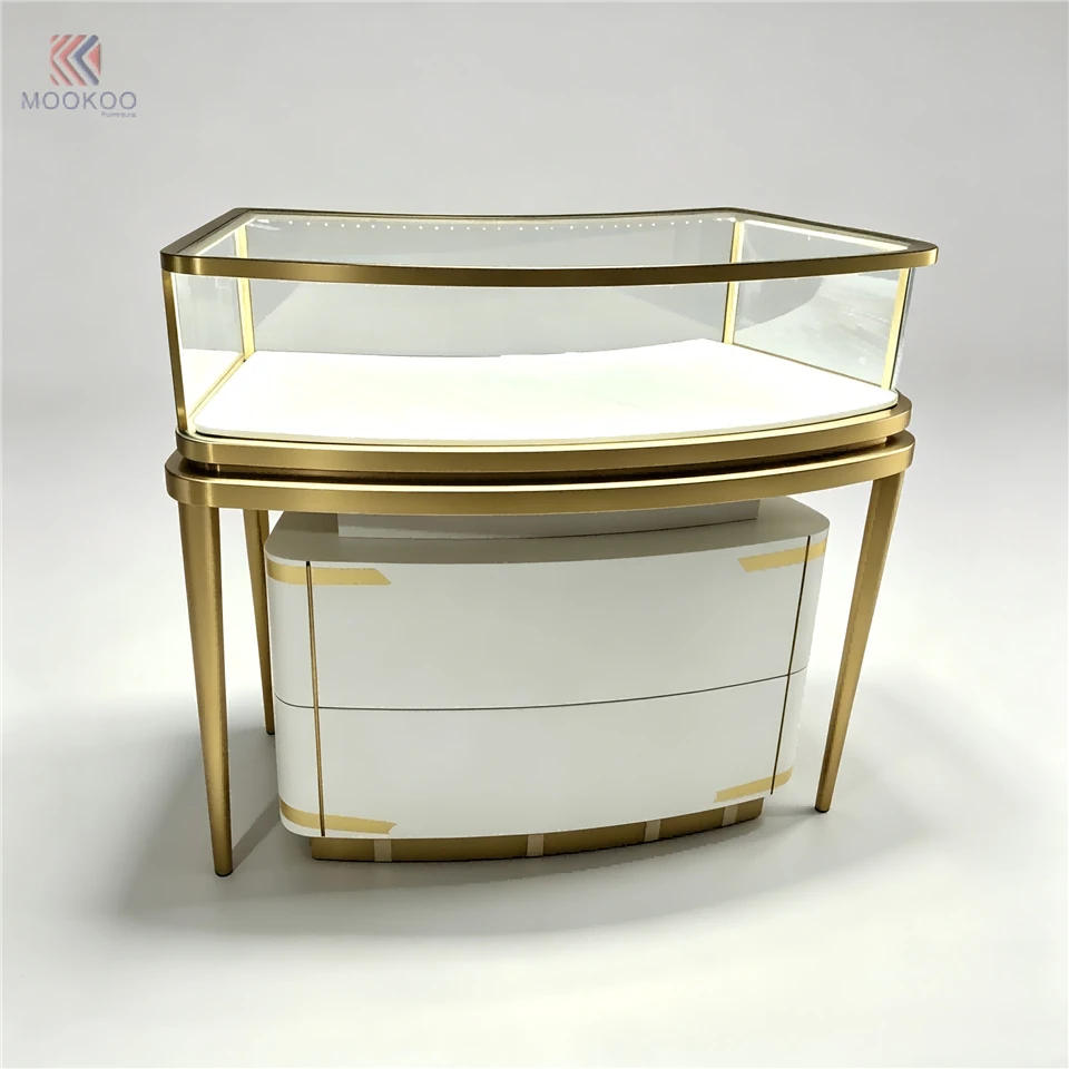 Commercial Curved Glass Jewelry Display Cabinet | Single Layer Arc Corner For LED Light | White Gold Metal Retail Counter