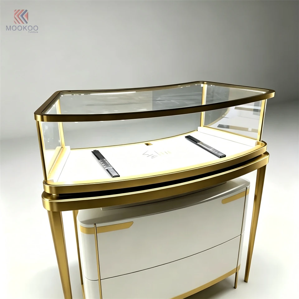 Commercial Curved Glass Jewelry Display Cabinet | Single Layer Arc Corner For LED Light | White Gold Metal Retail Counter best
