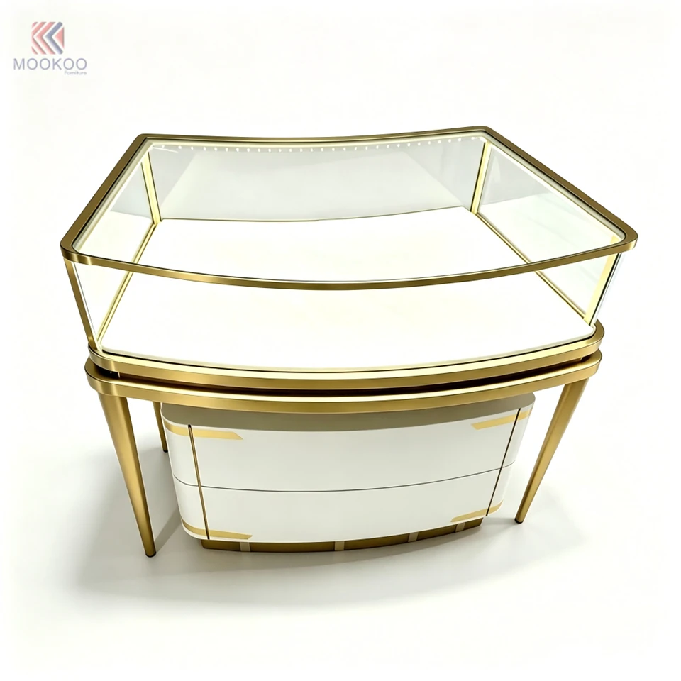 Commercial Curved Glass Jewelry Display Cabinet | Single Layer Arc Corner For LED Light | White Gold Metal Retail Counter factory