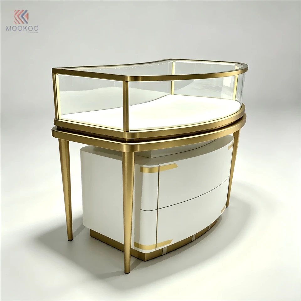 Commercial Curved Glass Jewelry Display Cabinet | Single Layer Arc Corner For LED Light | White Gold Metal Retail Counter suppliers