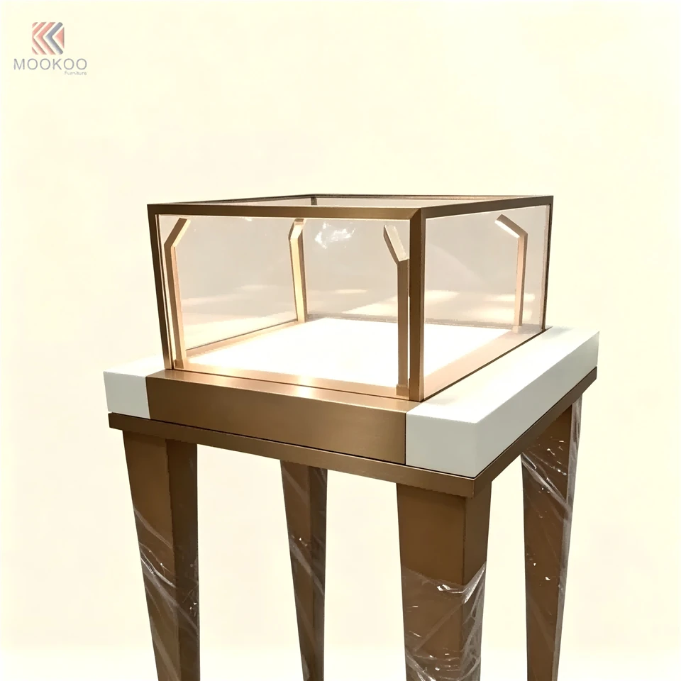 Custom Wholesale Luxury Stainless Steel Jewelry Display Showcase With Tempered Glass & LED Lighting For Retail Store high quality
