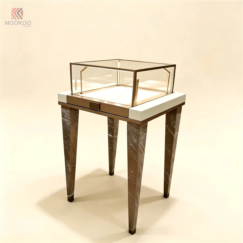 Custom Wholesale Luxury Stainless Steel Jewelry Display Showcase With Tempered Glass & LED Lighting For Retail Store