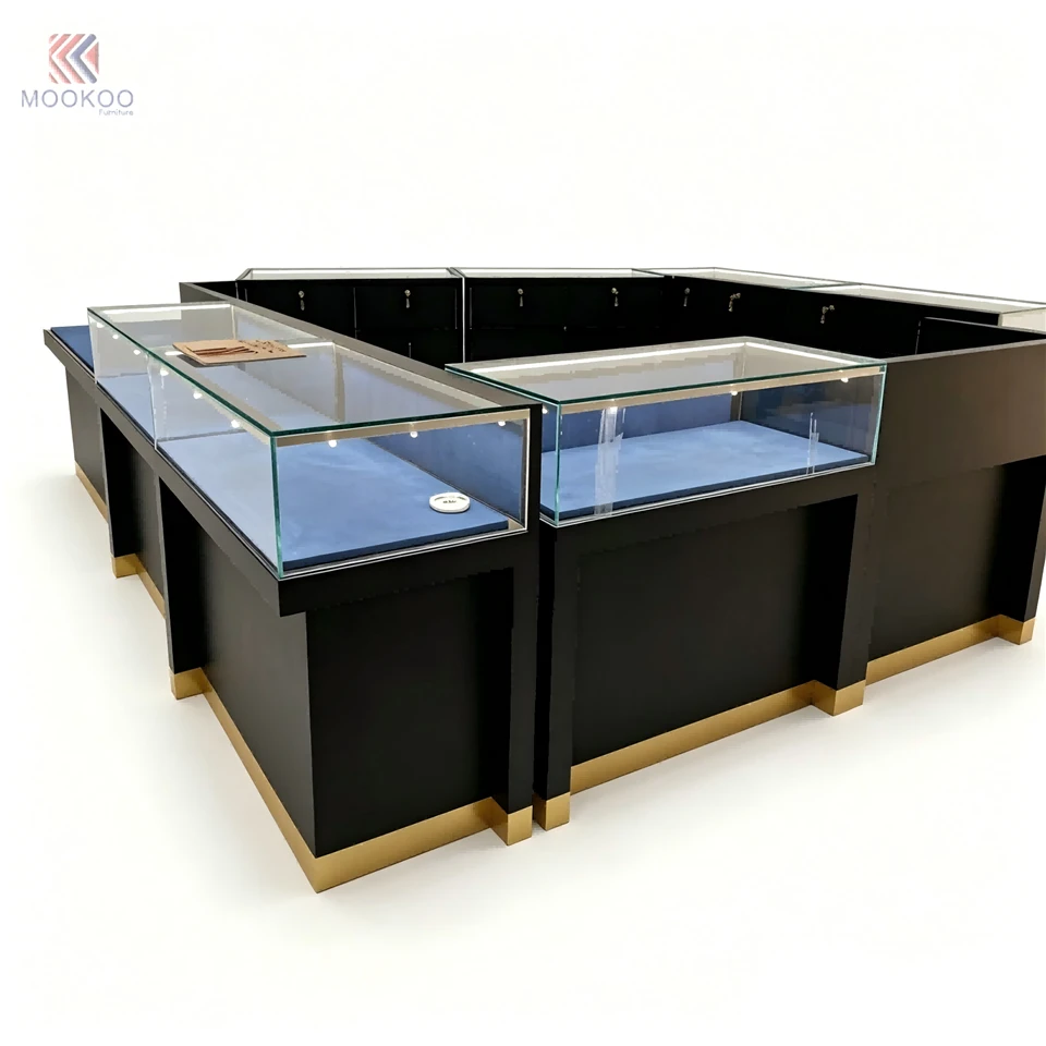 Customized L-Shaped Metal Jewelry Display Cabinet LED Lighting Freestanding Modern Design For Luxury Retail Museum Exhibitions factory