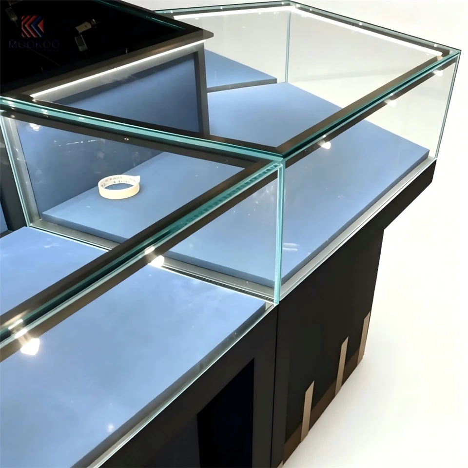 Customized L-Shaped Metal Jewelry Display Cabinet LED Lighting Freestanding Modern Design For Luxury Retail Museum Exhibitions price