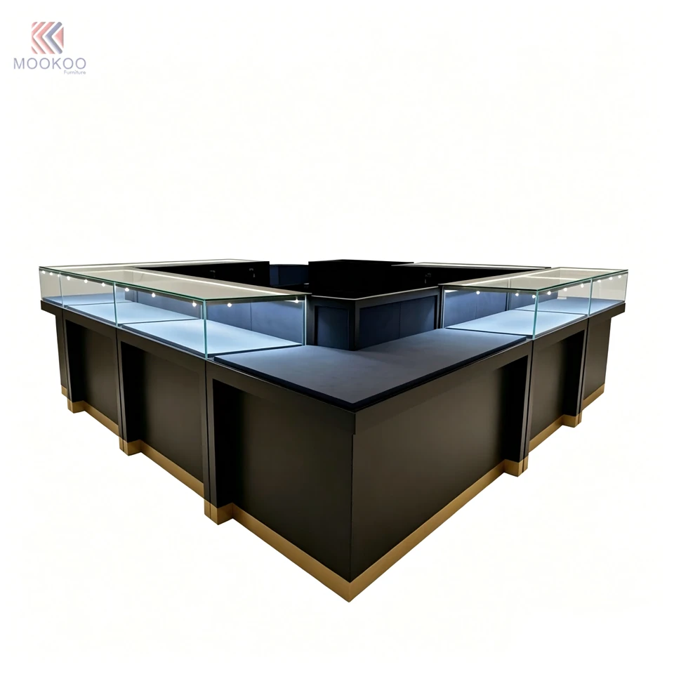 Customized L-Shaped Metal Jewelry Display Cabinet LED Lighting Freestanding Modern Design For Luxury Retail Museum Exhibitions