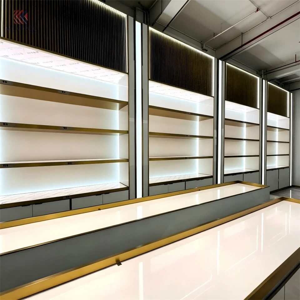 Customized Luxury LED Display Cabinet Set Rotating Barrister/Shelf Metal Varnish Detachable Modern Style Garment Displays Easy best
