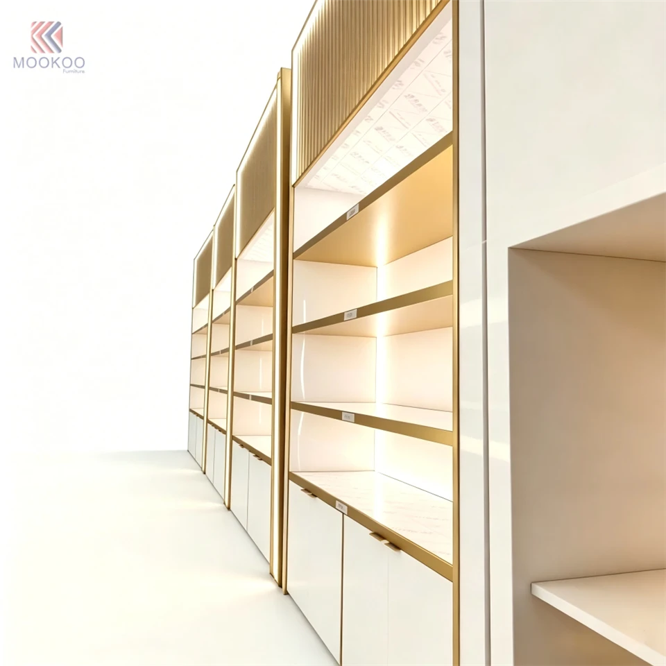 Customized Luxury LED Display Cabinet Set Rotating Barrister/Shelf Metal Varnish Detachable Modern Style Garment Displays Easy price
