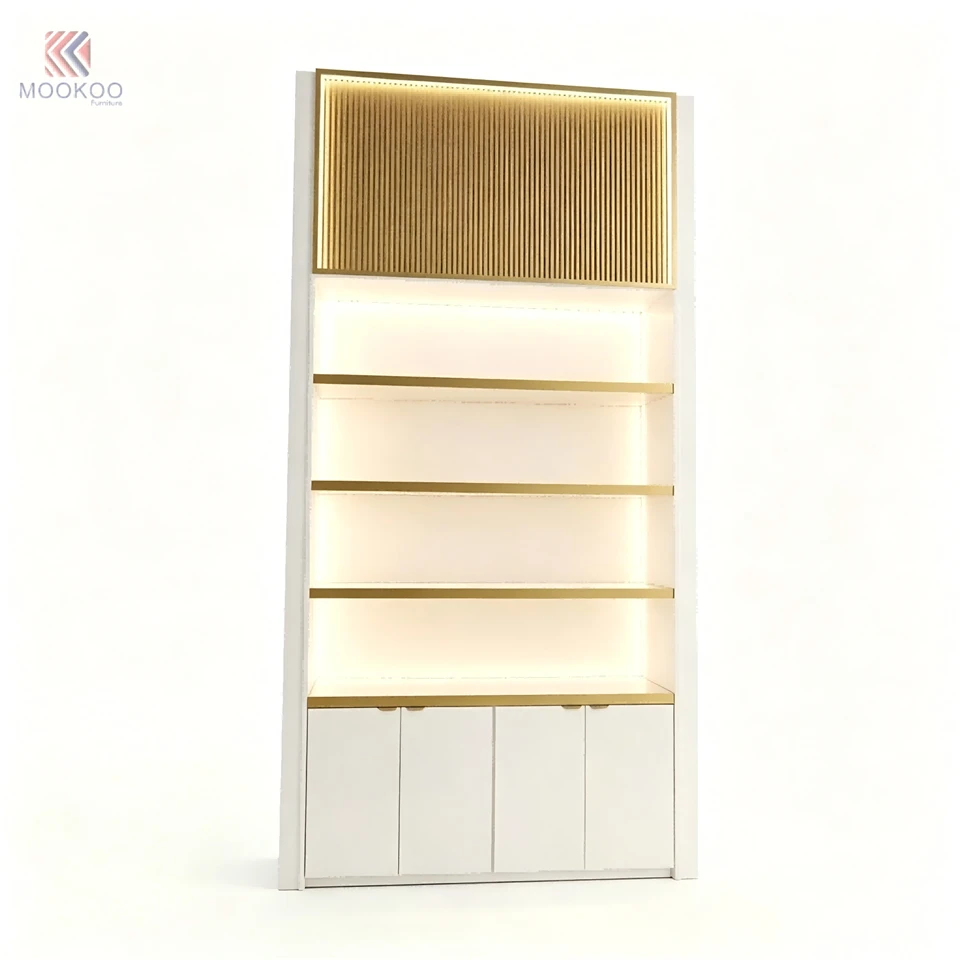 Customized Luxury LED Display Cabinet Set Rotating Barrister/Shelf Metal Varnish Detachable Modern Style Garment Displays Easy high quality