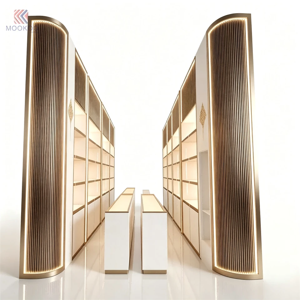 Customized Luxury LED Display Cabinet Set Rotating Barrister/Shelf Metal Varnish Detachable Modern Style Garment Displays Easy suppliers