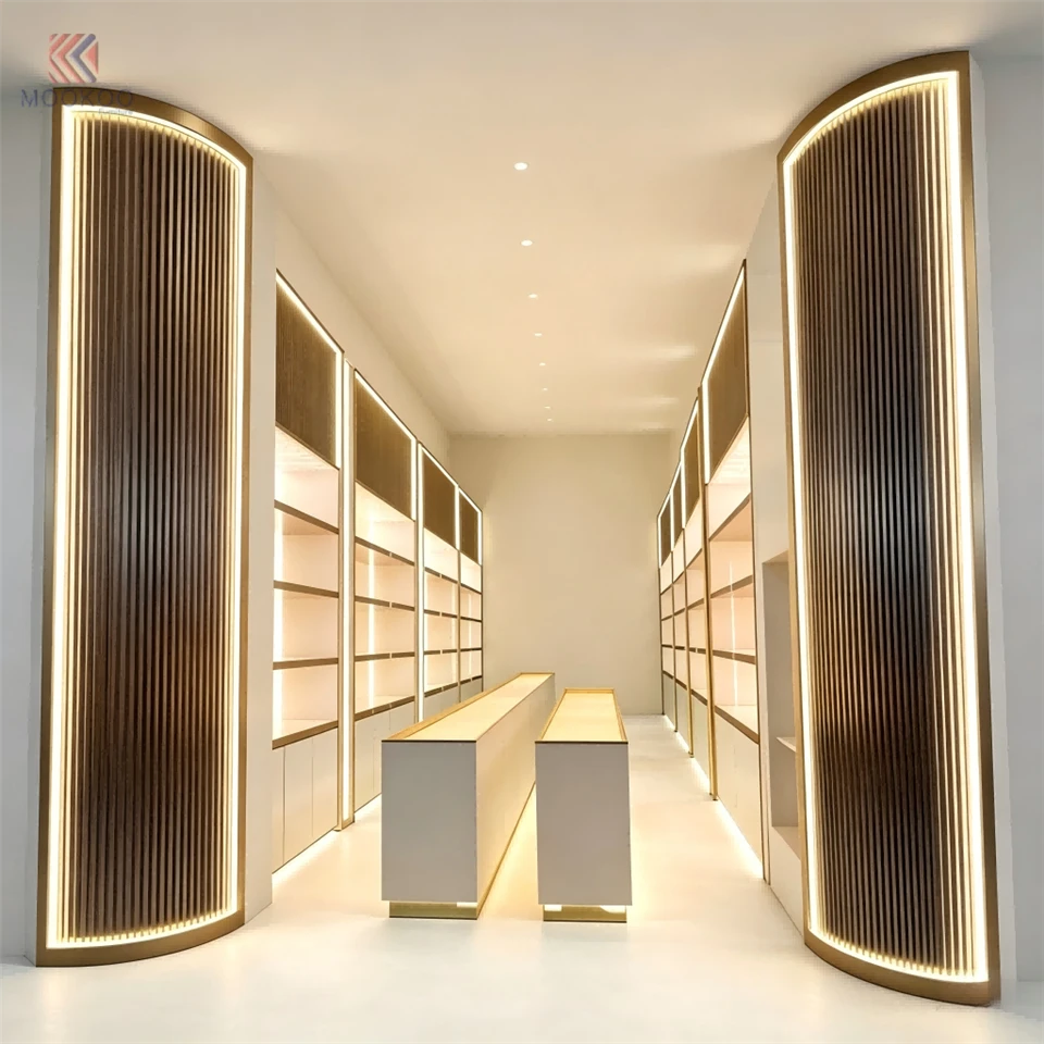 Customized Luxury LED Display Cabinet Set Rotating Barrister/Shelf Metal Varnish Detachable Modern Style Garment Displays Easy
