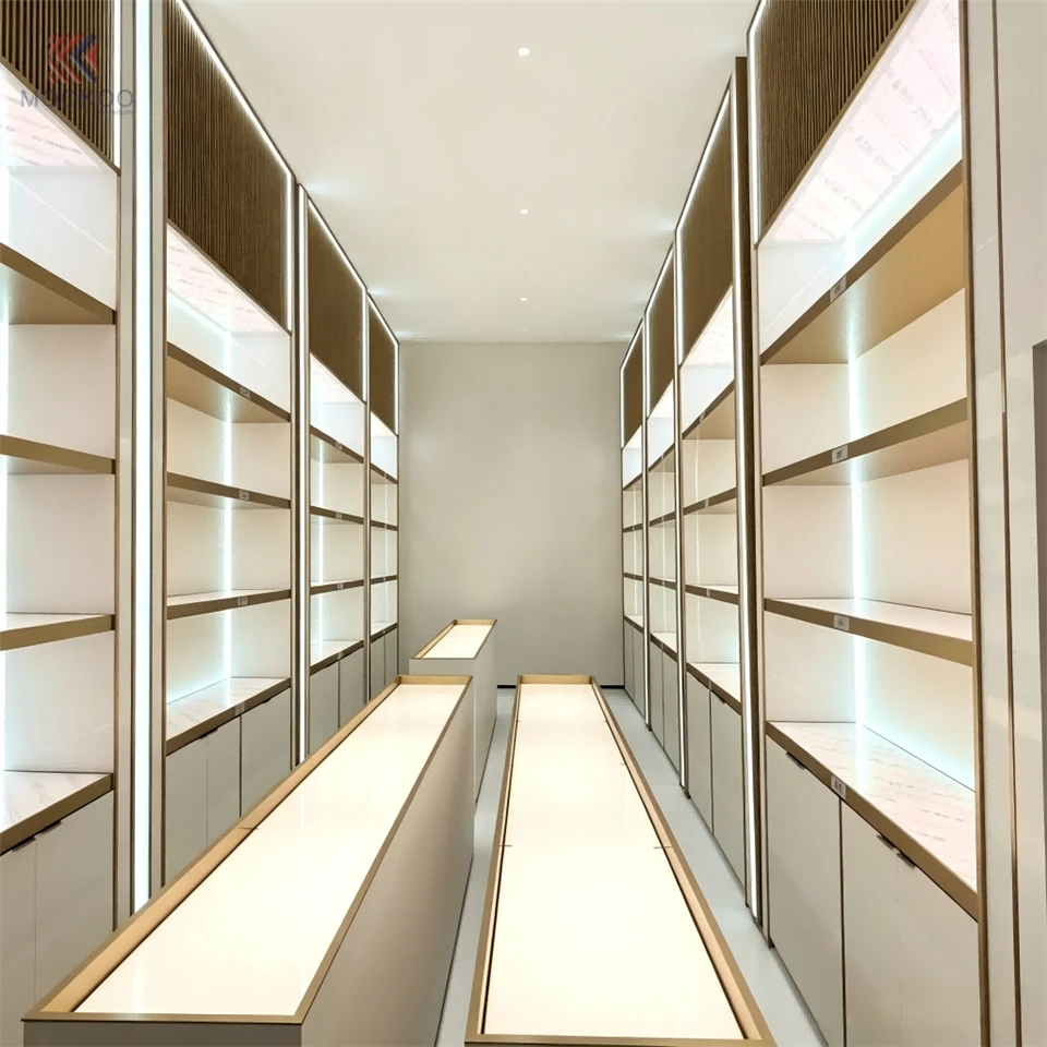 Customized Luxury LED Display Cabinet Set Rotating Barrister/Shelf Metal Varnish Detachable Modern Style Garment Displays Easy factory