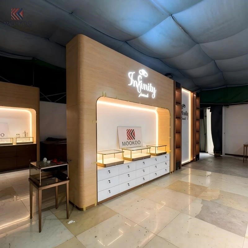 Customized Modern Rotating Metal Jewelry Display Cabinet LED Light Luxury Boutique Jewelry Store Fixture Side Table
