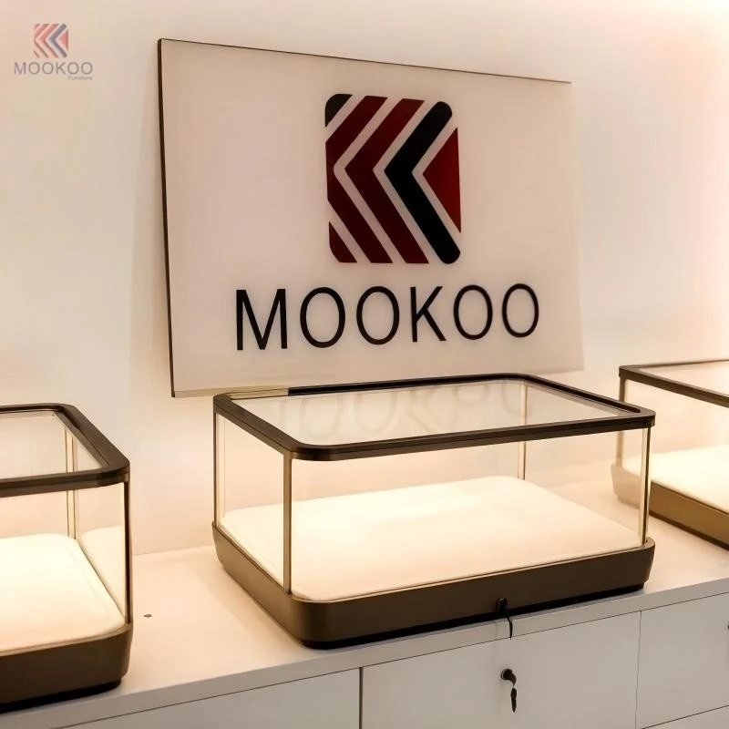 Customized Modern Rotating Metal Jewelry Display Cabinet LED Light Luxury Boutique Jewelry Store Fixture Side Table high quality