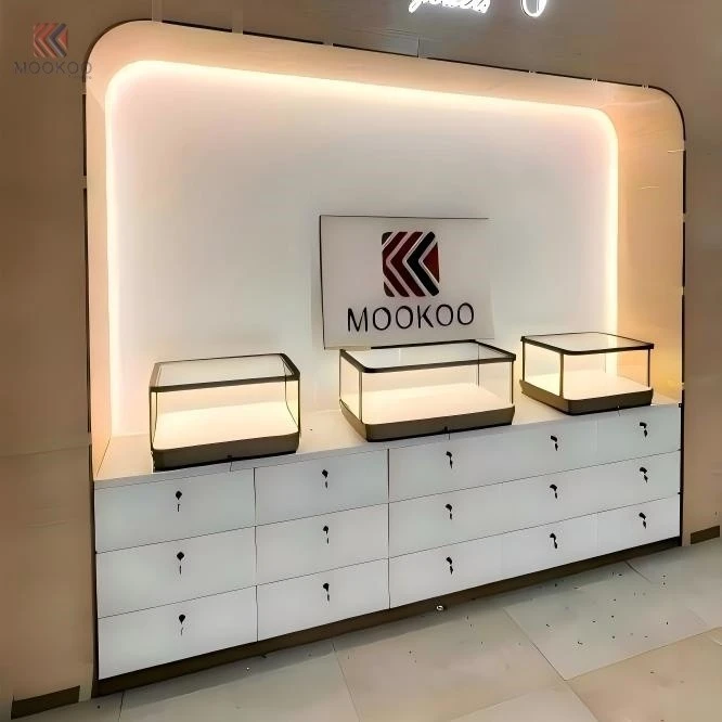 Customized Modern Rotating Metal Jewelry Display Cabinet LED Light Luxury Boutique Jewelry Store Fixture Side Table best