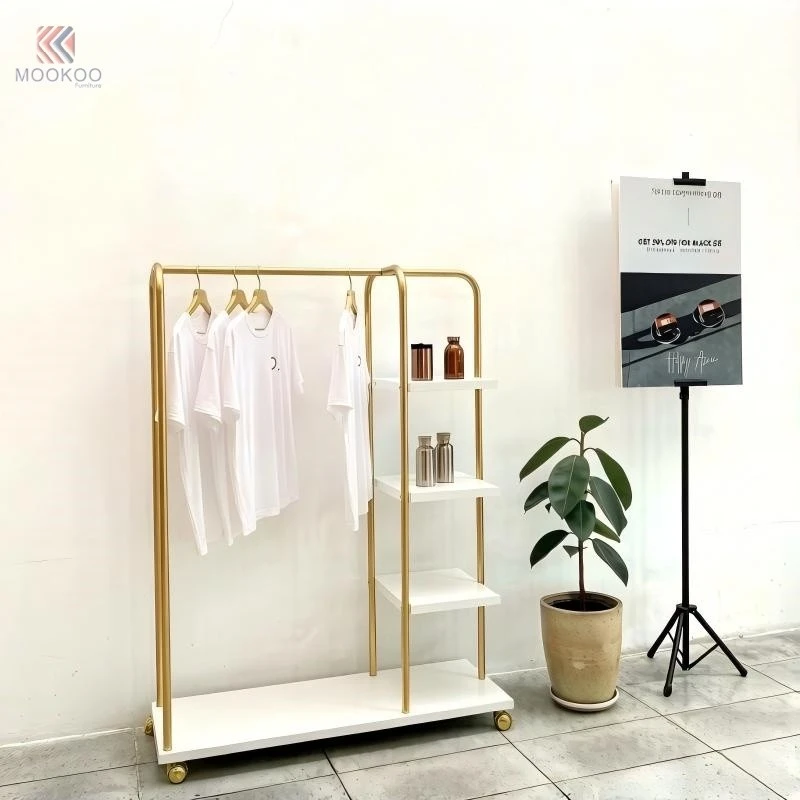 Customized MOOKOO Mobile Gold Metal Clothing Display Rack 1 Tier White Shelves Wheels Modern For Multi-Functional Garment suppliers