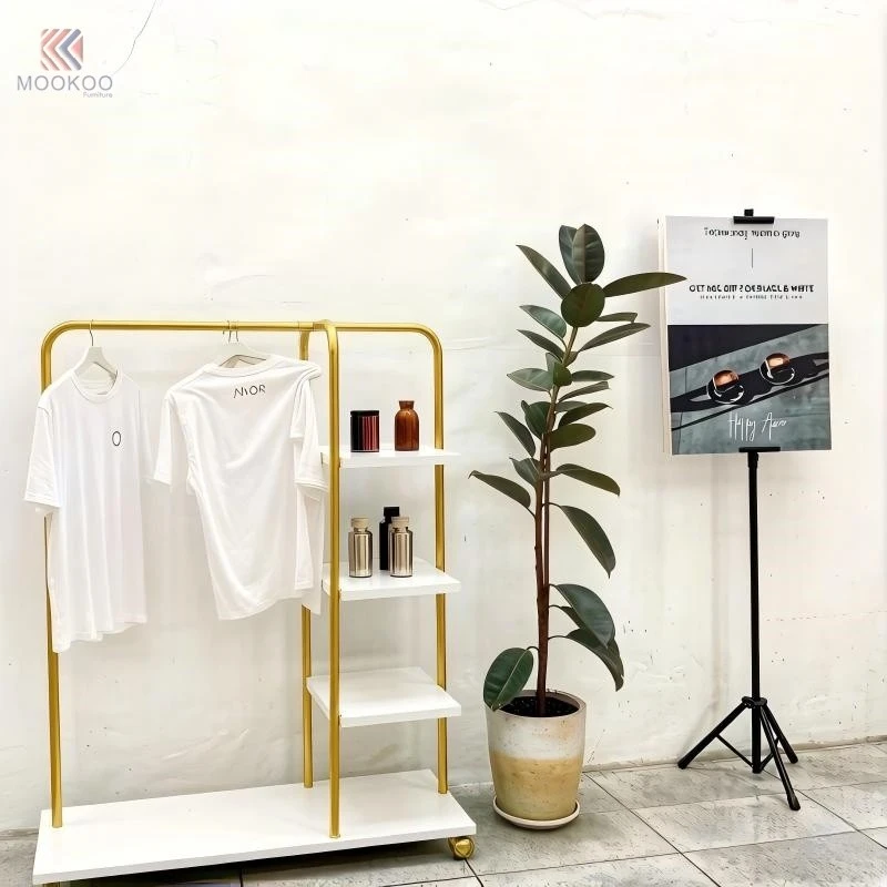Customized MOOKOO Mobile Gold Metal Clothing Display Rack 1 Tier White Shelves Wheels Modern For Multi-Functional Garment best