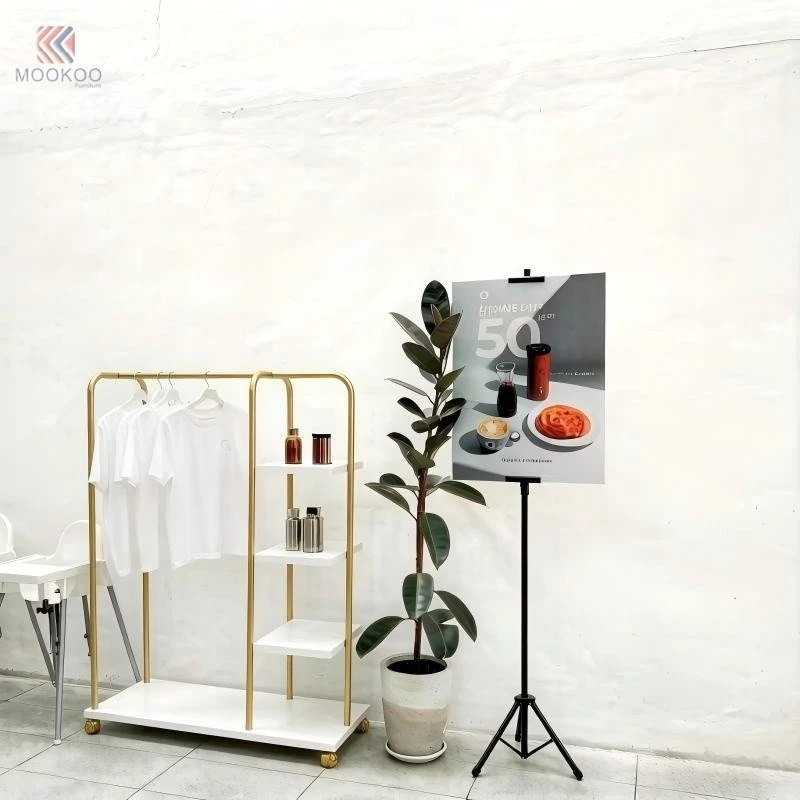 Customized MOOKOO Mobile Gold Metal Clothing Display Rack 1 Tier White Shelves Wheels Modern For Multi-Functional Garment factory