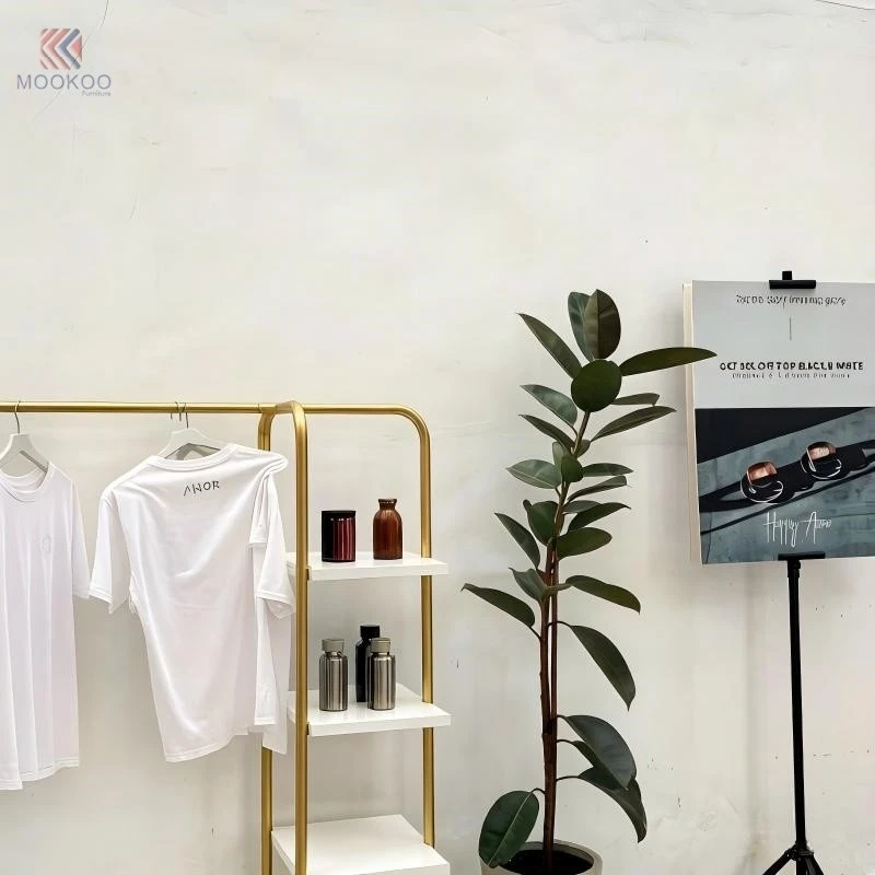 Customized MOOKOO Mobile Gold Metal Clothing Display Rack 1 Tier White Shelves Wheels Modern For Multi-Functional Garment high quality