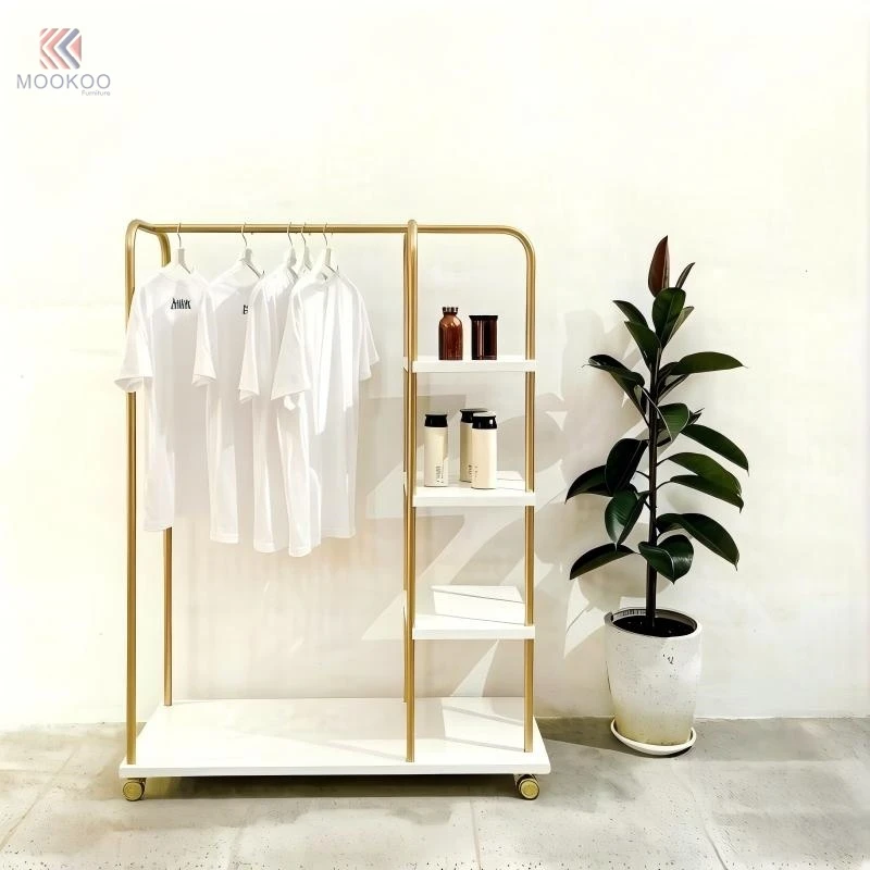 Customized MOOKOO Mobile Gold Metal Clothing Display Rack 1 Tier White Shelves Wheels Modern For Multi-Functional Garment