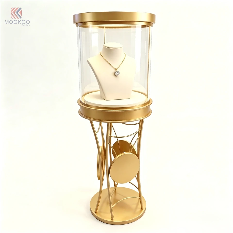 Freestanding Customized MOOKOO Modern Golden Metal Cylinder Jewelry Display Tower LED Lighting Rotating Platform Hollow Art