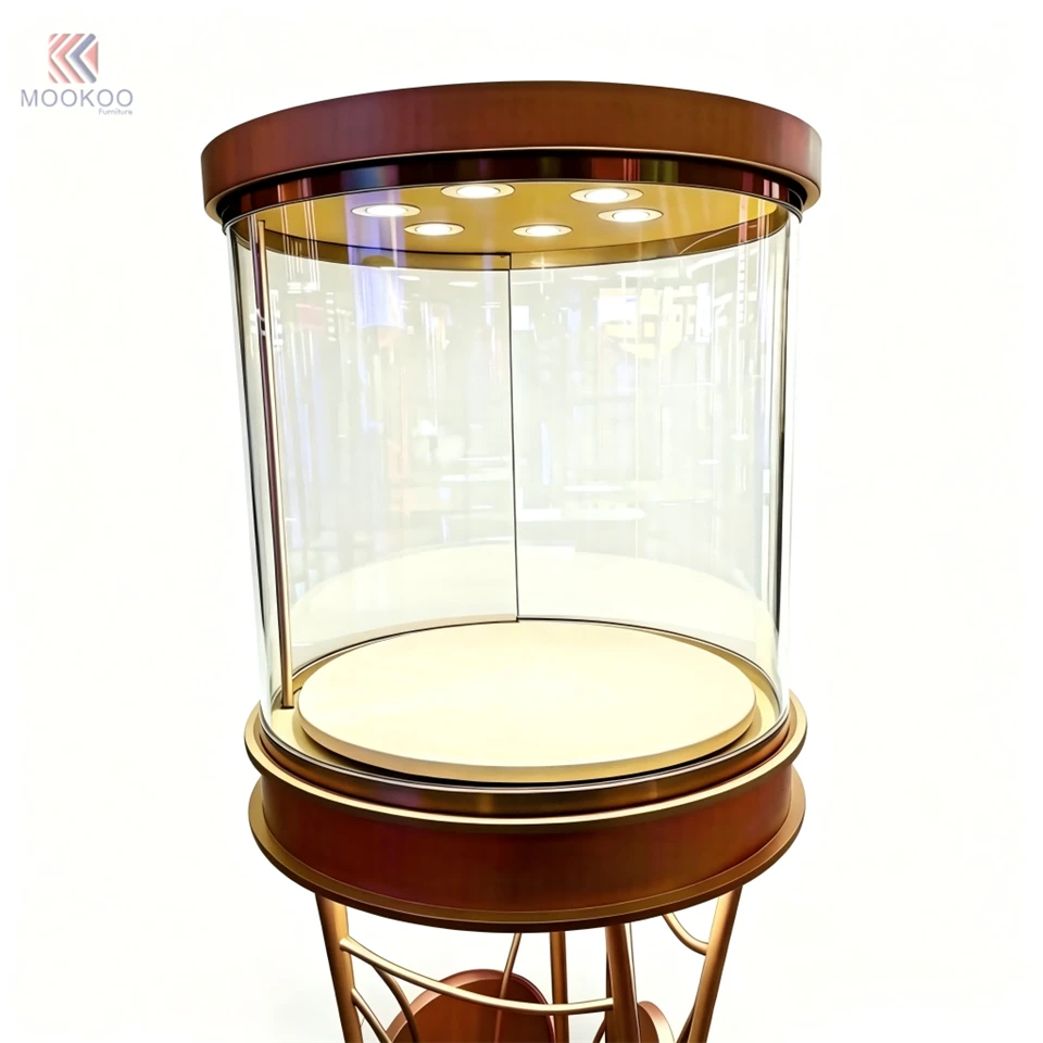 Freestanding Customized MOOKOO Modern Golden Metal Cylinder Jewelry Display Tower LED Lighting Rotating Platform Hollow Art high quality