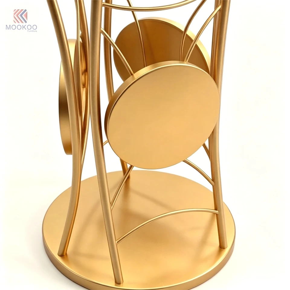 Freestanding Customized MOOKOO Modern Golden Metal Cylinder Jewelry Display Tower LED Lighting Rotating Platform Hollow Art factory