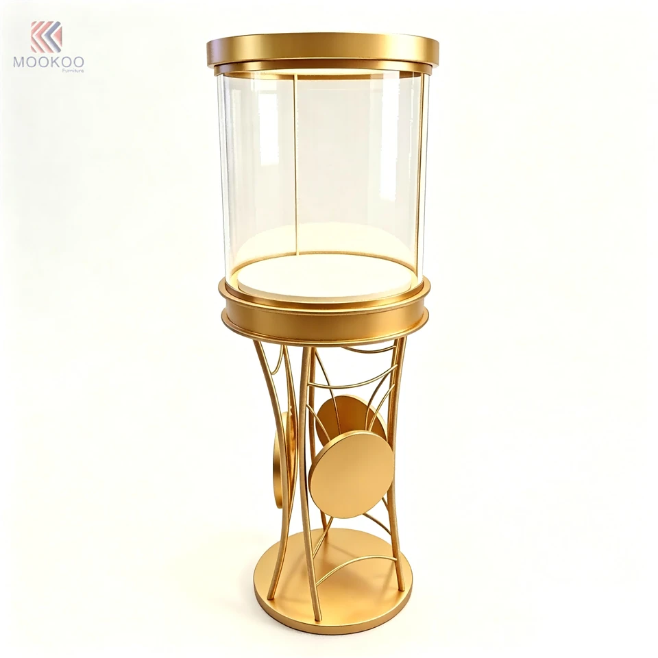 Freestanding Customized MOOKOO Modern Golden Metal Cylinder Jewelry Display Tower LED Lighting Rotating Platform Hollow Art suppliers