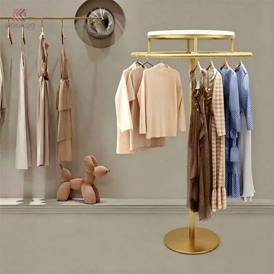 Gold Varnish Modern Clothing Display Rack Marble Top Metal Garment Rack Storage Shelf Hanging Hooks Floor Standing Retail suppliers