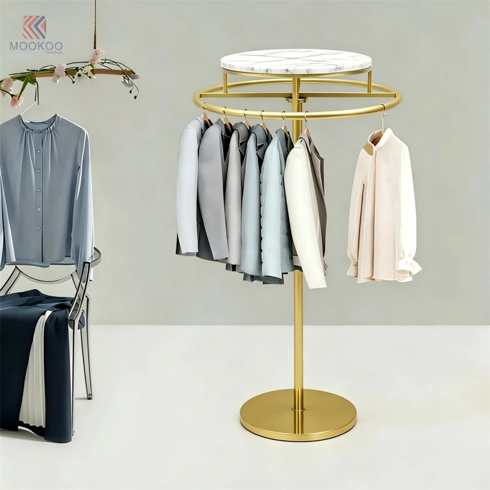 Gold Varnish Modern Clothing Display Rack Marble Top Metal Garment Rack Storage Shelf Hanging Hooks Floor Standing Retail factory