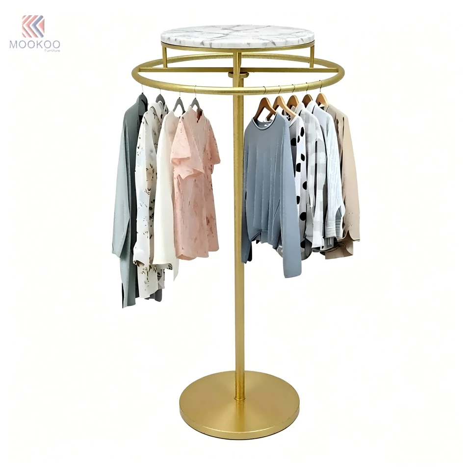 Gold Varnish Modern Clothing Display Rack Marble Top Metal Garment Rack Storage Shelf Hanging Hooks Floor Standing Retail