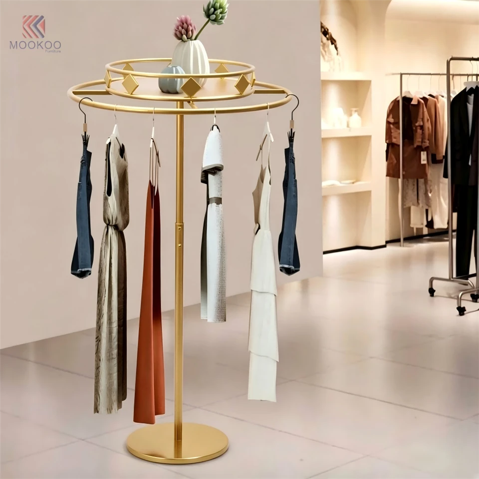 Golden Modern Varnish Clothing Display Rack Diamond Shape Garment Stand Extended Hooks Metal Retail Boutique Rack Marble Top