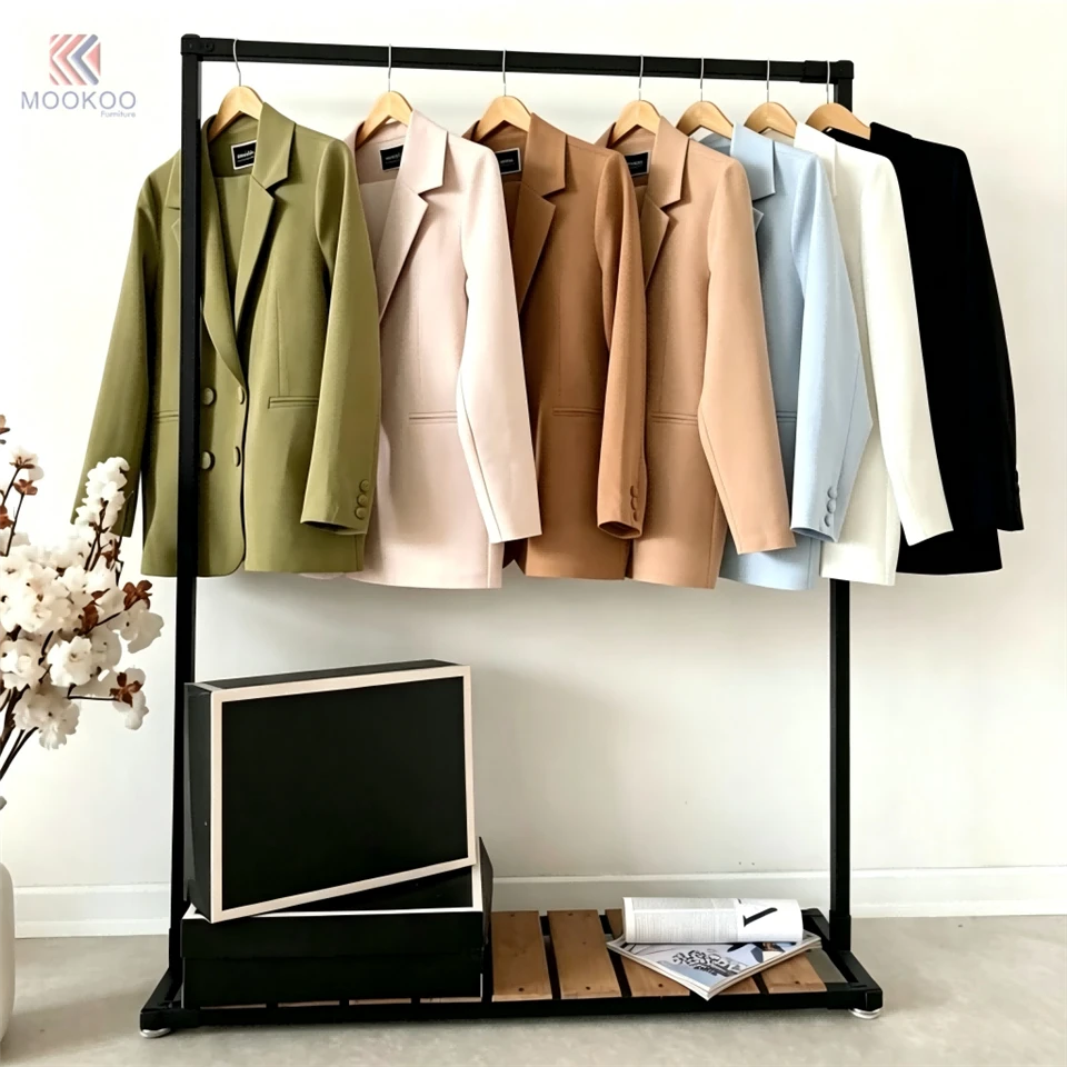 Heavy Duty Rotating Varnish Retail Garment Rack Bottom Shelf Side Hooks Black Metal Display Stand Storage Tray Boutique Clothing suppliers