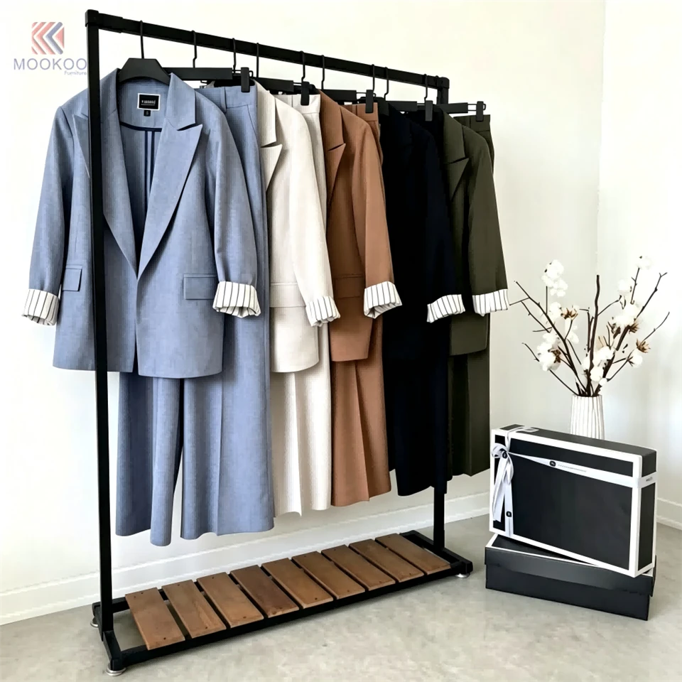 Heavy Duty Rotating Varnish Retail Garment Rack Bottom Shelf Side Hooks Black Metal Display Stand Storage Tray Boutique Clothing factory