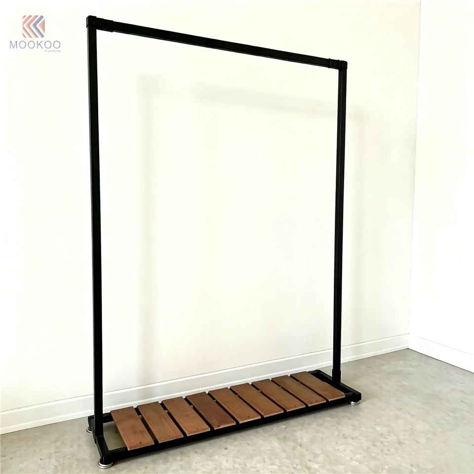 Heavy Duty Rotating Varnish Retail Garment Rack Bottom Shelf Side Hooks Black Metal Display Stand Storage Tray Boutique Clothing high quality
