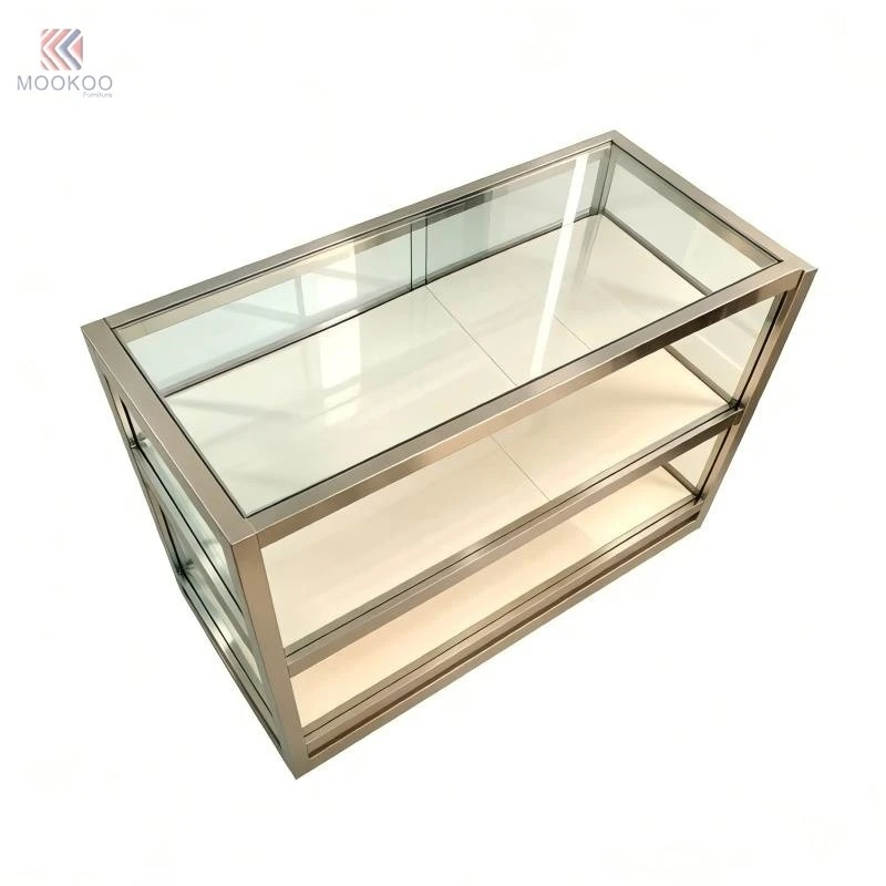 High-End Stainless Steel Counter Display Cabinet | Minimalist Retail For Single Barrister Shelf LED Lighting Freestanding best