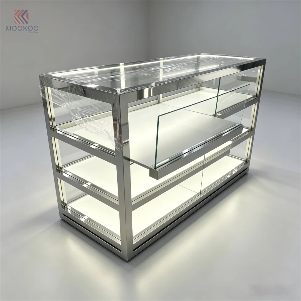 High-End Stainless Steel Counter Display Cabinet | Minimalist Retail For Single Barrister Shelf LED Lighting Freestanding price